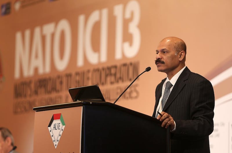 Dr Mohammad Amin, vice president of the American University in the Emirates, addresses “Nato’s Approach to Gulf Cooperation”, the international conference in Dubai. Pawan Singh / The National