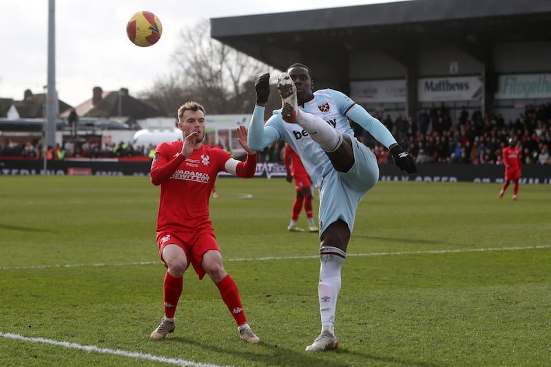 West Ham United's French defender Kurt Zouma clears the ball during the English FA Cup fourth-round match against Kidderminster Harriers at Aggborough Stadium. West Ham needed an extra-time winner to see off the sixth-tier side. AFP