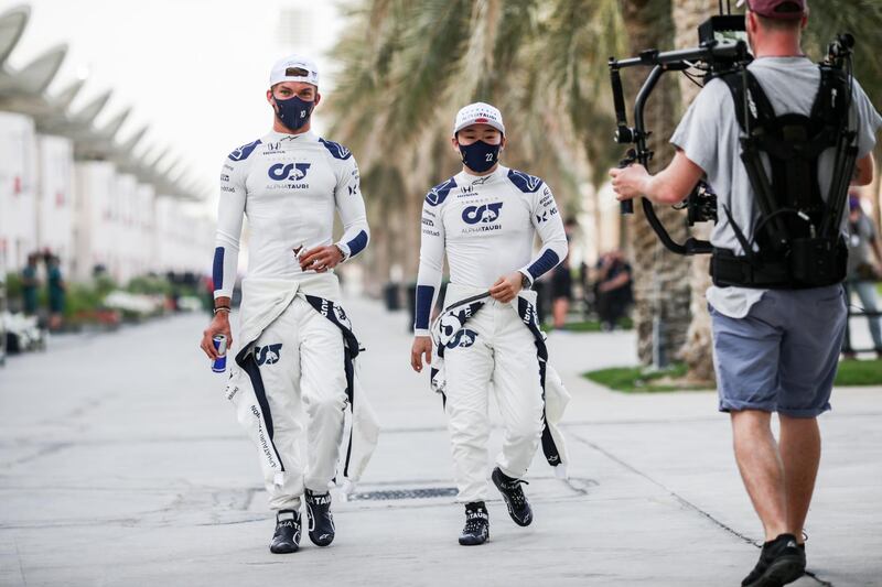 Pierre Gasly of Scuderia AlphaTauri and France, and Yuki Tsunoda of Scuderia AlphaTauri and Japan, prepare for the F1 Grand Prix of Bahrain at Bahrain International Circuit. Getty