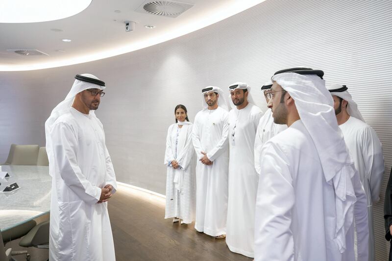 ABU DHABI, UNITED ARAB EMIRATES - November 12, 2017: HH Sheikh Mohamed bin Zayed Al Nahyan Crown Prince of Abu Dhabi Deputy Supreme Commander of the UAE Armed Forces (L), attends the inauguration of the 'Panorama' Artificial Intelligence and Big Data Centre at ADNOC HQ.

( Rashed Al Mansoori / Crown Prince Court - Abu Dhabi  )
---