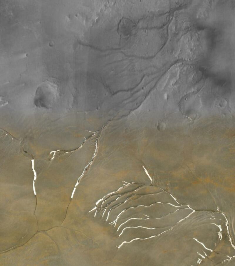 Collage showing Mars’s Maumee valleys (top half) superimposed with channels on Devon Island in Nunavut (bottom half.) The share of the channels, as well as the overall network appears almost identical. Courtesy Cal-Tech CTX mosaic and MAXAR/Esri