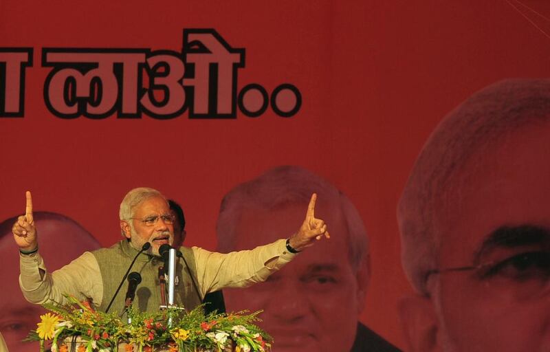 Narendra Modi has been accused of using religious propaganda in his speeches during India’s election. AFP / May 4, 2014