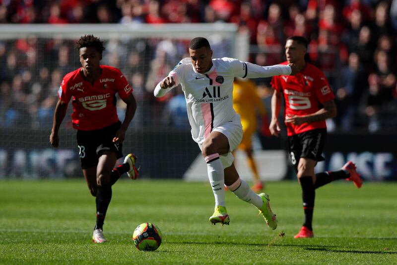 PSG's Kylian Mbappe on the attack against Rennes. EPA