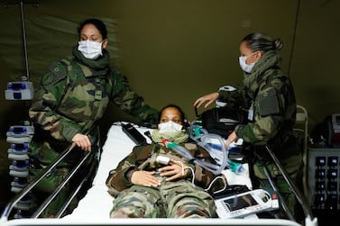 Military exercises before receiving coronavirus patients at a military field hospital at the Emile Muller Hospital in Mulhouse, France, 24 March 2020, on the fifth day of a strict lockdown in France to stop the spread of coronavirus and COVID-19 disease. EPA