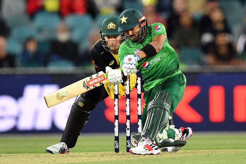 Pakistan's Mohammad Rizwan plays a shot during the second Twenty20 match between Australia and Pakistan at the Manuka Oval in Canberra on November 5, 2019. (Photo by Saeed KHAN / AFP) / IMAGE RESTRICTED TO EDITORIAL USE - STRICTLY NO COMMERCIAL USE