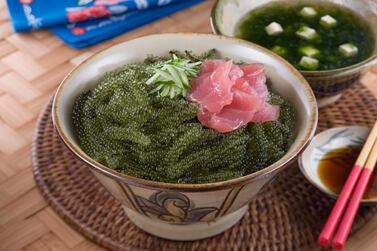 Umi-budo don, a traditional Okinawan seaweed dish, and dried asa-jiru seaweed. Getty Images