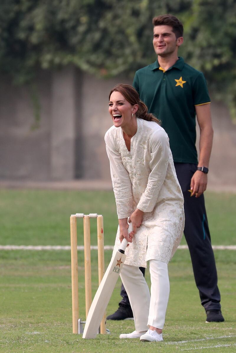 With Pakistan cricketer, Shaheen Shah Afridi, Catherine, Duchess of Cambridge plays cricket during her visit of the National Cricket Academy during day four of their royal tour of Pakistan on Thursday, October 17, 2019 in Lahore, Pakistan. Getty Images