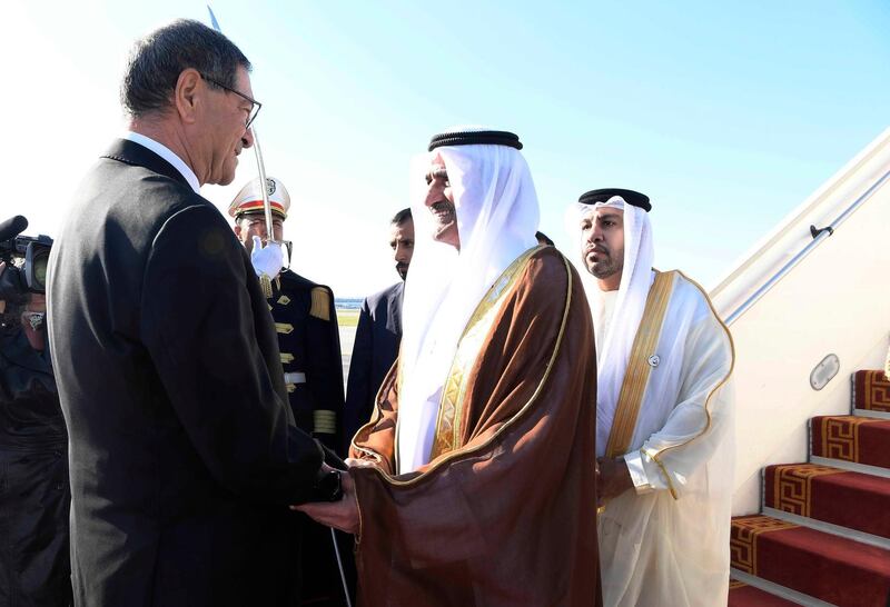 Sheikh Hamad bin Mohammed Al Sharqi, Supreme Council Member and Ruler of Fujairah, arrived at the Tunis–Carthage Airport in Tunis, Tunisia. Wam