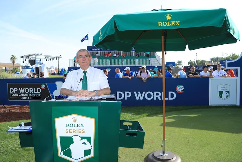 Official starter Alastair Scott looks on from the first tee during day two of the DP World Tour Championship at Jumeirah Golf Estates in Dubai, United Arab Emirates.  Getty Images