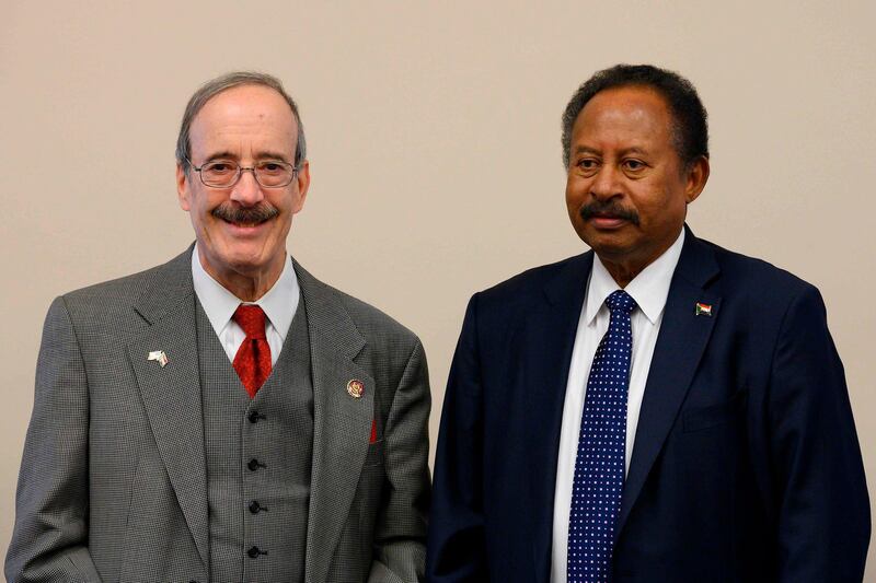 Sudanese Prime Minister Abdalla Hamdok (R) meets with House Foreign Affairs Committee Chairman Eliot Engel (L), D-NY, on Capitol Hill in Washington, DC, on December 4, 2019. / AFP / JIM WATSON
