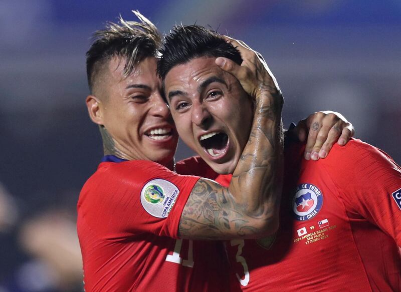 Chile's Erick Pulgar celebrates scoring their first goal with Eduardo Vargas. Reuters