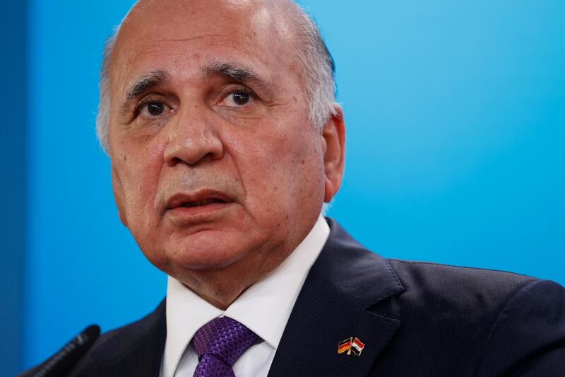 Iraqi Foreign minister Fuad Hussein attends a joint press conference after talks in Berlin, Germany, Monday, Sept. 14, 2020. (Odd Andersen/Pool via AP)