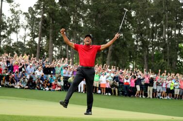 Golf - Masters - Augusta National Golf Club - Augusta, Georgia, U.S. - April 14, 2019 - Tiger Woods of the U.S. celebrates on the 18th hole after winning the 2019 Masters. REUTERS/Lucy Nicholson TPX IMAGES OF THE DAY