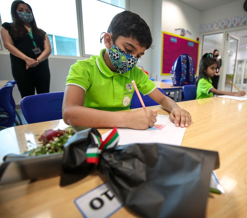 Pupils from Al Mamoura Academy in Abu Dhabi on their first day of classes after the summer break. Victor Besa / The National