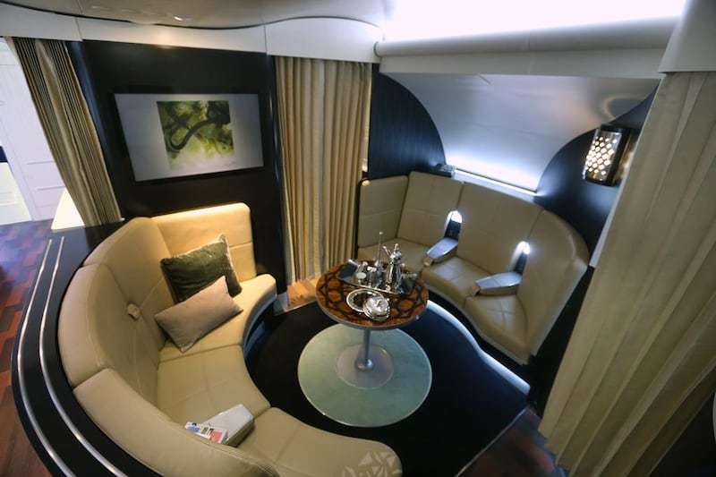 Etihad Airways' The Lobby on the Airbus A380, which can seat six, will allow first and business class guests to gather while onboard the plane. Delores Johnson / The National