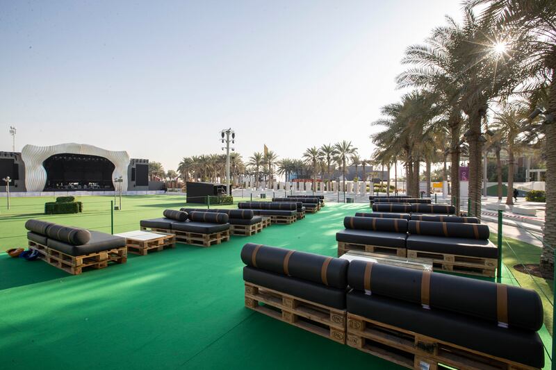 The fan zone at Expo City Dubai under construction during the countdown to the World Cup. Ruel Pableo for The National