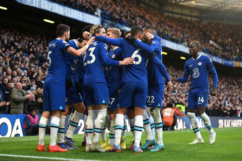 Chelsea's Kai Havertz celebrates with teammates after scoring in the 1-0 Premier League win against Crystal Palace at Stamford Bridge on January 15, 2023. Getty
