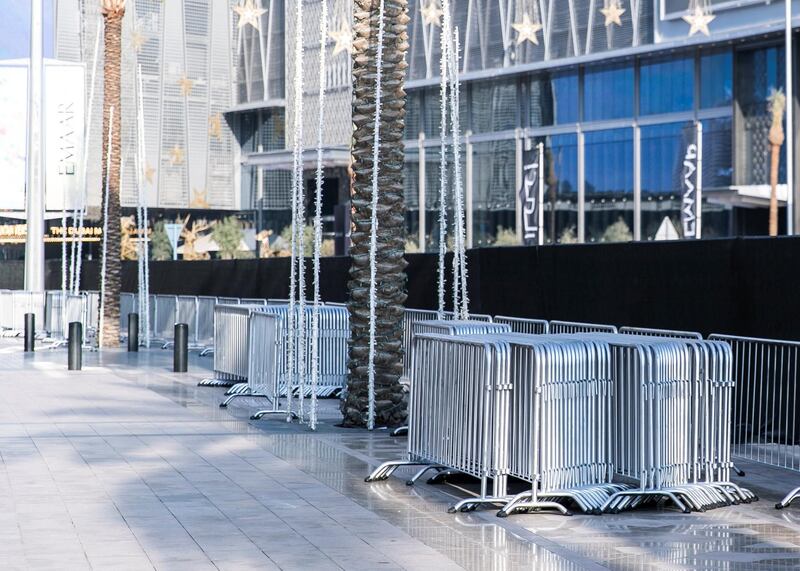 DUBAI, UNITED ARAB EMIRATES. 30 DECEMBER 2019. 
Barricades set up for Downtown Dubai New Year’s Eve celebrations.

(Photo: Reem Mohammed/The National)

Reporter:
Section: