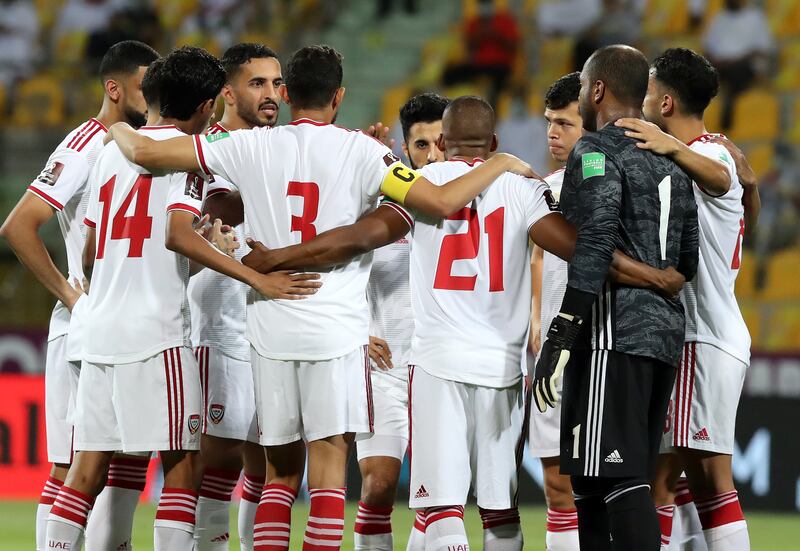 UAE players in a huddle before the match on Thursday. Chris Whiteoak / The National