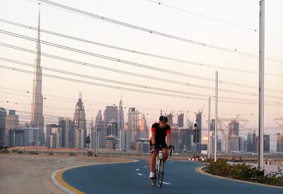 DUBAI , UNITED ARAB EMIRATES – Dec 18 , 2015 : One of the cyclist at Nad Al Sheba Cycle track in Dubai. ( Pawan Singh / The National ) For News. ID number is : 49513
 *** Local Caption ***  PS1812- EXERCISE02.jpg