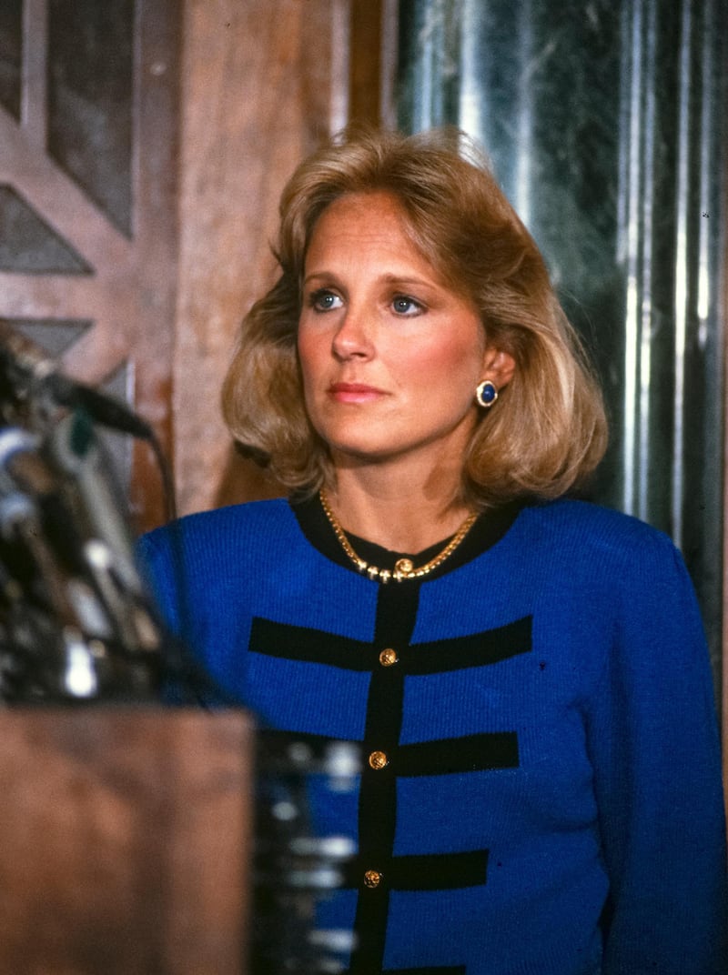 Close-up of American school teacher Jill Biden during a press conference, Washington DC, September 23, 1987. At the conference, her husband, Senator Joseph Biden, announced his withdrawal from the race for the Democratic Party nomination's for President of the United States. (Photo by Arnie Sachs/CNP/Getty Images)