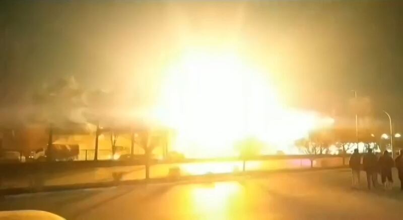 An explosion in Iran's Isfahan province is shown in a still image from a video posted on January 29. AFP