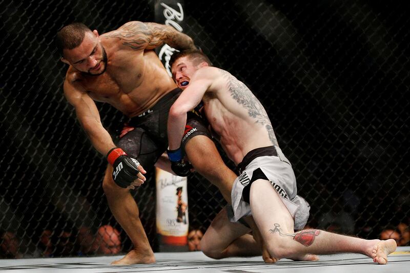 SUNRISE, FLORIDA - APRIL 27: Cory Sandhagen and John Lineker of Brazil fight during their bantamweight bout at UFC Fight Night at BB&T Center on April 27, 2019 in Sunrise, Florida.   Michael Reaves/Getty Images/AFP