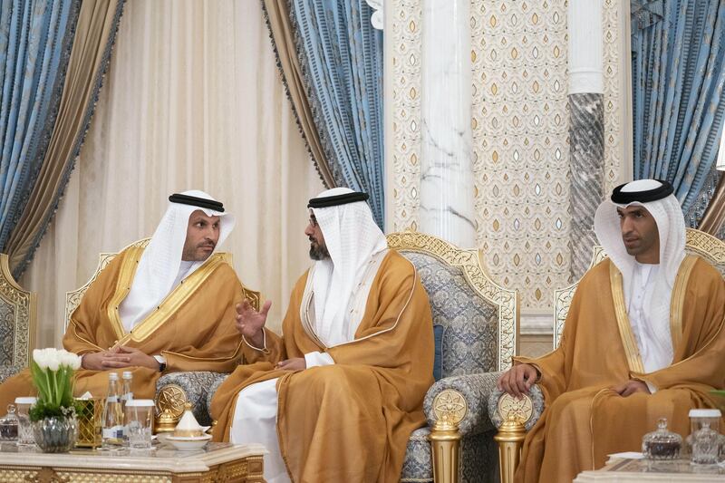 ABU DHABI, UNITED ARAB EMIRATES - March 17, 2019: (L-R) HE Khaldoon Khalifa Al Mubarak, CEO and Managing Director Mubadala, Chairman of the Abu Dhabi Executive Affairs Authority and Abu Dhabi Executive Council Member, HH Major General Sheikh Khaled bin Mohamed bin Zayed Al Nahyan Deputy National Security Adviser and Abu Dhabi Executive Council Member, and HE Dr Thani Al Zeyoudi, UAE Minister for Climate Change and Environment, attend a meeting with HE Ashraf Ghani, President of Afghanistan (not shown), at the Presidential Palace. 
( Ryan Carter / Ministry of Presidential Affairs )?