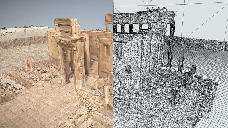 The split screen image of the Temple of Bel in Palmyra. Ark/c