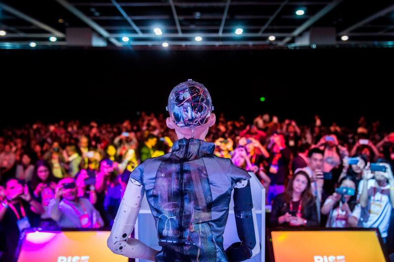 Sophia the Robot is seen on stage before a discussion by Hanson Robotics about artificial intelligence at the RISE Technology Conference in Hong Kong. AFP