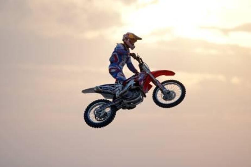 Dubai, April 14, 2011 - Freestyle Moto-Cross Rider Lance Coury with his Honda CRF 450cc, four stroke moto-cross bike during practice at the Red Bull X Fighters freestyle Moto-Cross championships at Jumeriah Beach, Dubai, April 14, 2011. (Jeff Topping/The National)