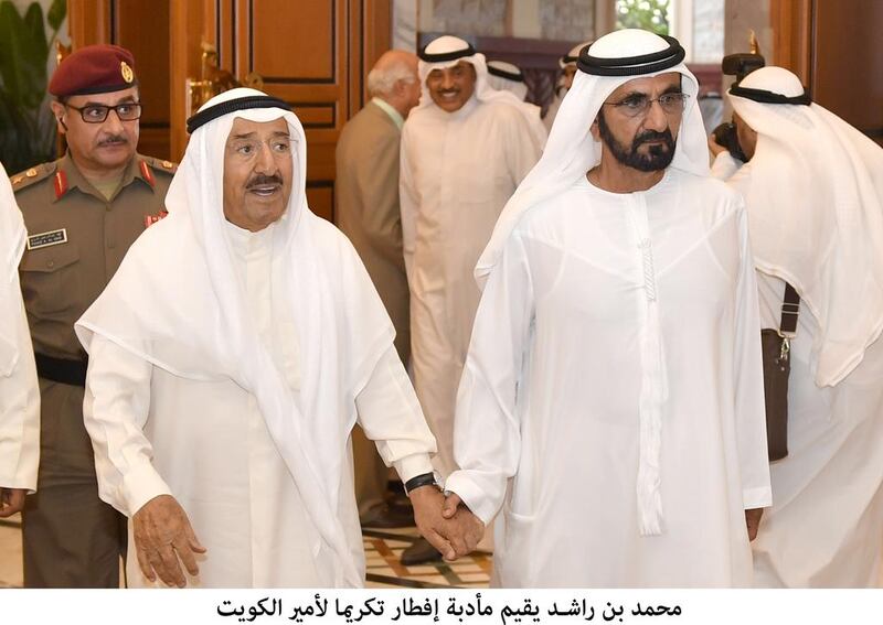 Sheikh Mohammed bin Rashid, Vice President and Ruler of Dubai, greets Sheikh Sabah Al Sabah, the Emir of Kuwait, on Wednesday during his visit to the UAE amid diplomatic tensions across the Gulf. Wam
