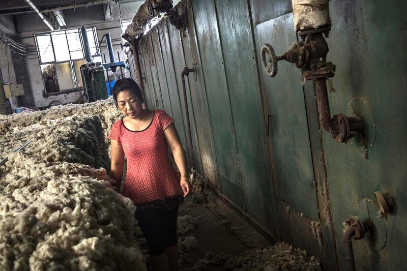 A worker stands next to machinery used to clean and bleach sheep’s wool imported from Australia at a factory near Zhangzhou. Kevin Frayer / Getty Images
