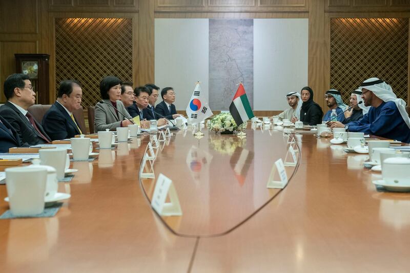 SEOUL, REPUBLIC OF KOREA (SOUTH KOREA)  - February 26, 2019: HH Sheikh Mohamed bin Zayed Al Nahyan, Crown Prince of Abu Dhabi and Deputy Supreme Commander of the UAE Armed Forces (R) attends a meeting with HE Moon Hee-sang, Speaker of the National Assembly (2nd L), at the National Assembly Building of the Republic of Korea (South Korea). Seen with HE Dr Anwar bin Mohamed Gargash, UAE Minister of State for Foreign Affairs, HE Hussain Ibrahim Al Hammadi, UAE Minister of Education, HE Noura Mohamed Al Kaabi, UAE Minister of Culture and Knowledge Development and HE Abdullah Saif Al Nuaimi, Ambassador of the UAE to South Korea.

( Hamad Al Mansoori / Ministry of Presidential Affairs )
---