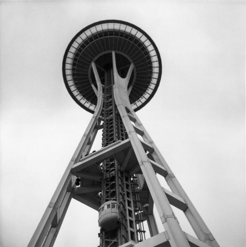 1962: Built for the Century 21 Exposition held in Seattle, the Space Needle stands 185 metres tall and the summit, with a revolving restaurant, can be reached by a lift. A. Dawburne/Fox Photos/Getty Images