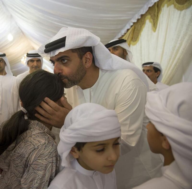 Sheikh Hamed bin Zayed, Chairman of Crown Prince Court – Abu Dhabi and Executive Council Member, offers condolences to the family of  serviceman Saif Yousef Ahmed Al Falasi in Al Warqaa, Dubai. Mohamed Al Hammadi / Crown Prince Court – Abu Dhabi 