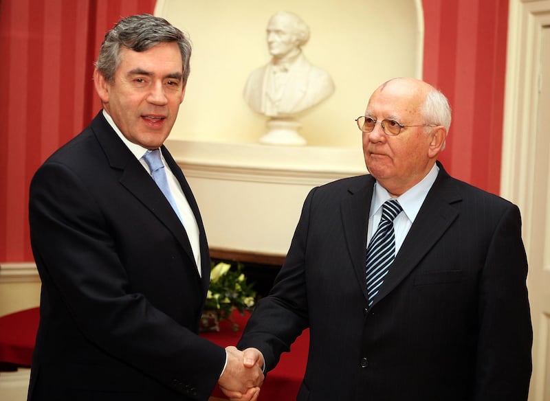 Gorbachev meets British Prime Minister Gordon Brown in January 2008 at 10 Downing Street in London. PA
