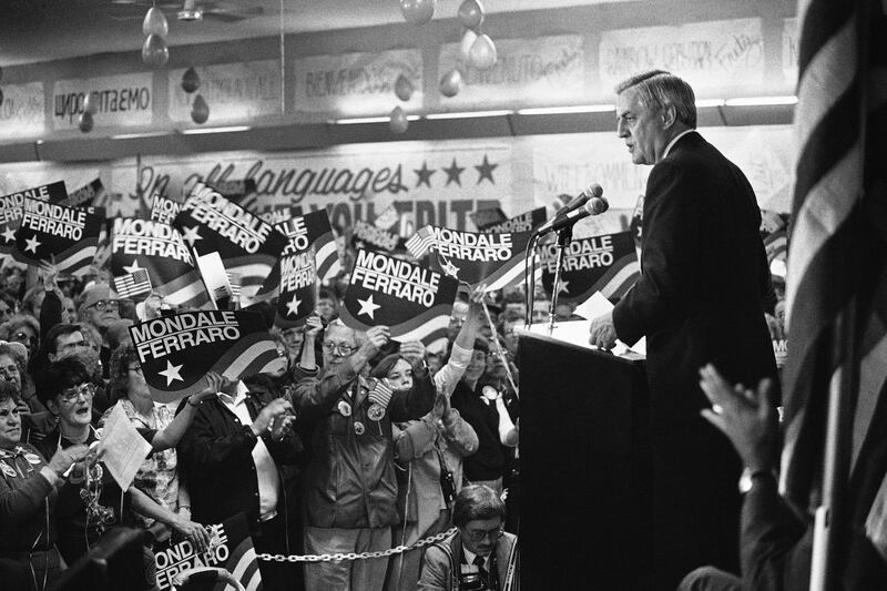 Mondale delivers a presidential campaign address at Victory Hall in Cudahy, Wisconsin. AP