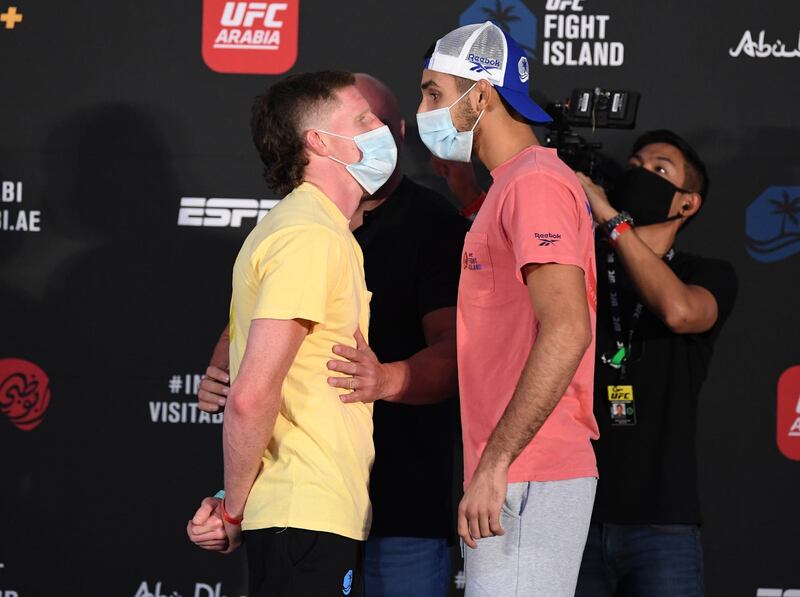 ABU DHABI, UNITED ARAB EMIRATES - OCTOBER 16: (L-R) Opponents Jamie Mullarkey of Australia and Fares Ziam of France face off during the UFC Fight Night weigh-in on October 16, 2020 on UFC Fight Island, Abu Dhabi, United Arab Emirates. (Photo by Josh Hedges/Zuffa LLC)