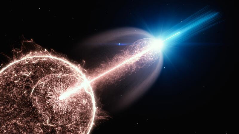 An artist's impression of a gamma-ray burst breaking out of a collapsing star. Courtesy: Deutsches Elektronen-Synchrotron research centre