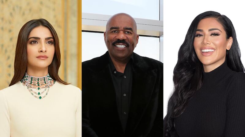 From left: Sonam Kapoor, Steve Harvey and Huda Kattan are the latest celebrities helping to promote the UAE's 100 Million Meals campaign. Bulgari, Huda Beauty, Pawan Singh / The National 