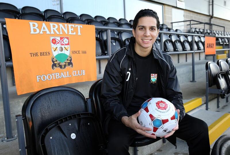 Emirati Omar Yabroudi, pictured on October 10, 2014, is the first-team performance analyst and head of recruitment at the Barnet Football Club in North London, England. Stephen Lock for The National
