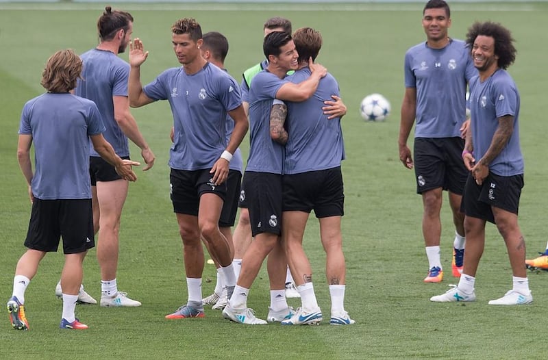 Cristiano Ronaldo, second left, and teammates take a break during a training session before the Uefa Champions League final in Cardiff, Wales, in May 2017.