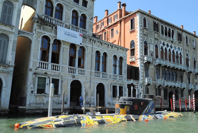 A painted submarine by Ukrainian artist Alexander Ponomarev is displayed during the 53rd International Art Exhibition of the 2009 Venice Biennale. AFP