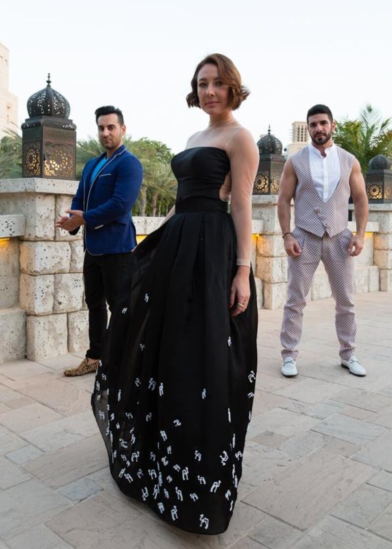 Vincenzo Visciglia, left, and Ahmad Ammar, co-founders of Dubai fashion brand Aavva, with Anna Vladi, creative director of Rira Gallery, at the Fashion Forward event at Madinat Jumeria on April 12, 2014. Duncan Chard for the National.