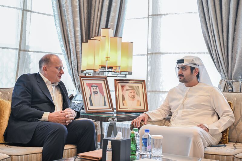 Sheikh Maktoum bin Mohammed, Deputy Prime Minister, Minister of Finance and Deputy Ruler of Dubai during a meeting with Mark Tucker, group chairman of HSBC Holdings at the Ruler's Court in Dubai. Photo: Wam