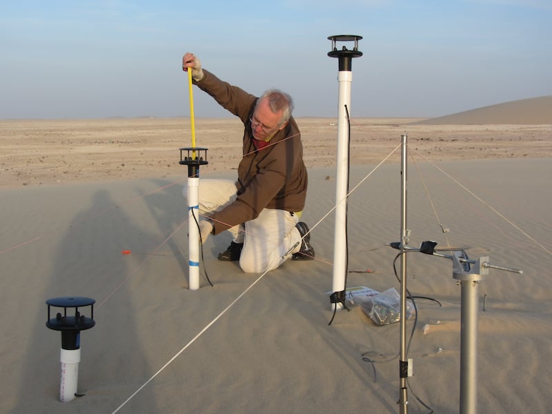 Lead researcher Prof Michel Louge, of Cornell University in the US, carries out an experiment on sands to the west of Mesaieed, about 40 kilometres south of Doha in Qatar.