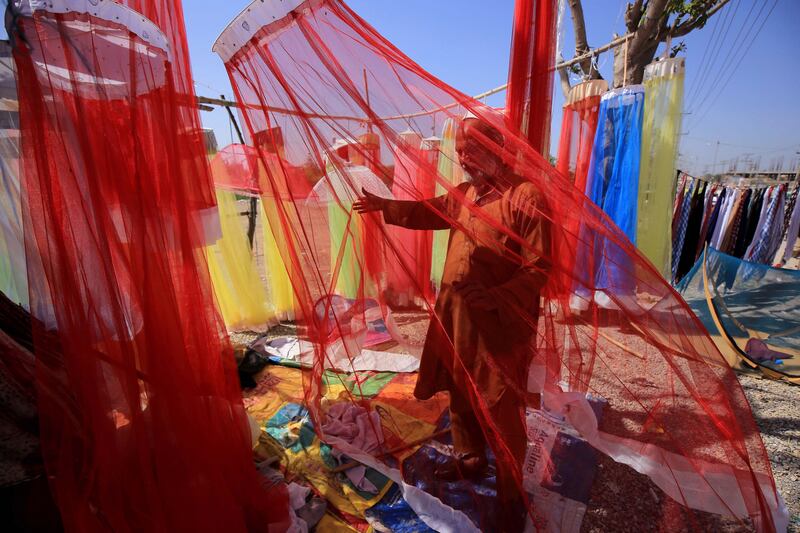A man waits for customers as he sells mosquito prevention nets at a roadside in Peshawar, Pakistan. EPA