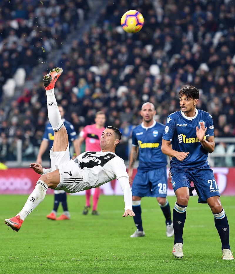 Cristiano Ronaldo attempts an overhead kick for Juventus against SPAL. EPA