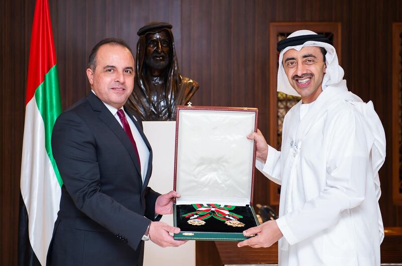 H.H. Sheikh Abdullah bin Zayed Al Nahyan, Minister of Foreign Affairs and International Cooperation, presented the Independence Order (First Class) on Wael Gad, the Egyptian Ambassador to the UAE, during a meeting on Tuesday at his office at the ministry's headquarters. President His Highness Sheikh Khalifa bin Zayed Al Nahyan has conferred the Order. MOFA / Wam 